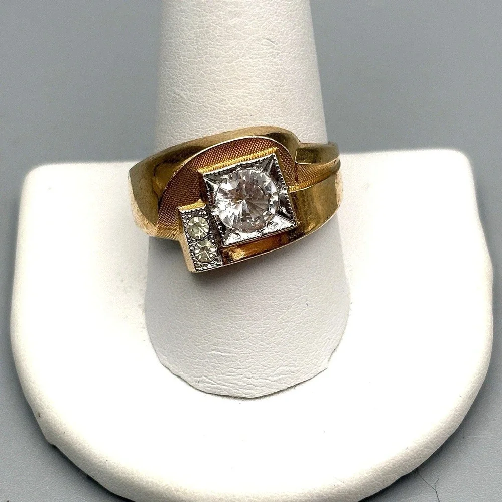 Vintage Mens 10k Gold Filled Ring Clear Stone 10.5 MCM Bold Statement 6.33g